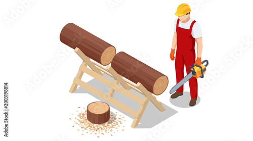 A focused man in safety gear is using a chainsaw to cut logs, showcasing woodworking skills and emphasis on safety and craftsmanship in a workshop environment.
