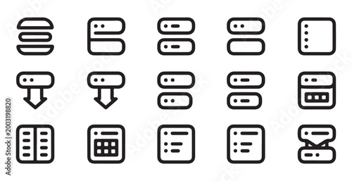 Network server icon set showing database storage status download and data transfer line illustrations.