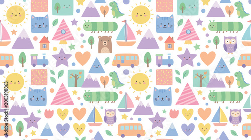 Cute Cartoon Pattern with Kawaii Animals, Shapes, and Toys