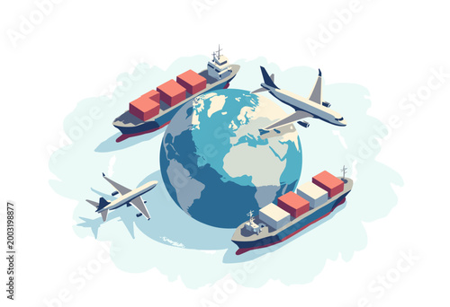Global supply chain cargo ship airplane map