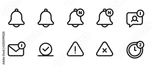 Notification icons set bells messages with letter N alerts checkmarks warnings clock and chat bubble on grey background.