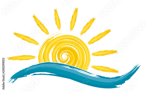 Logo of the dawn of the sun with a blue wave.