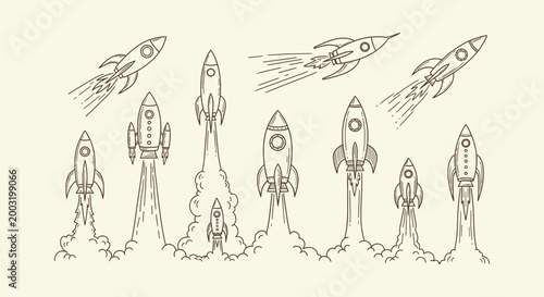 Bild auf Leinwand Set of hand drawn space rocket launch illustrations