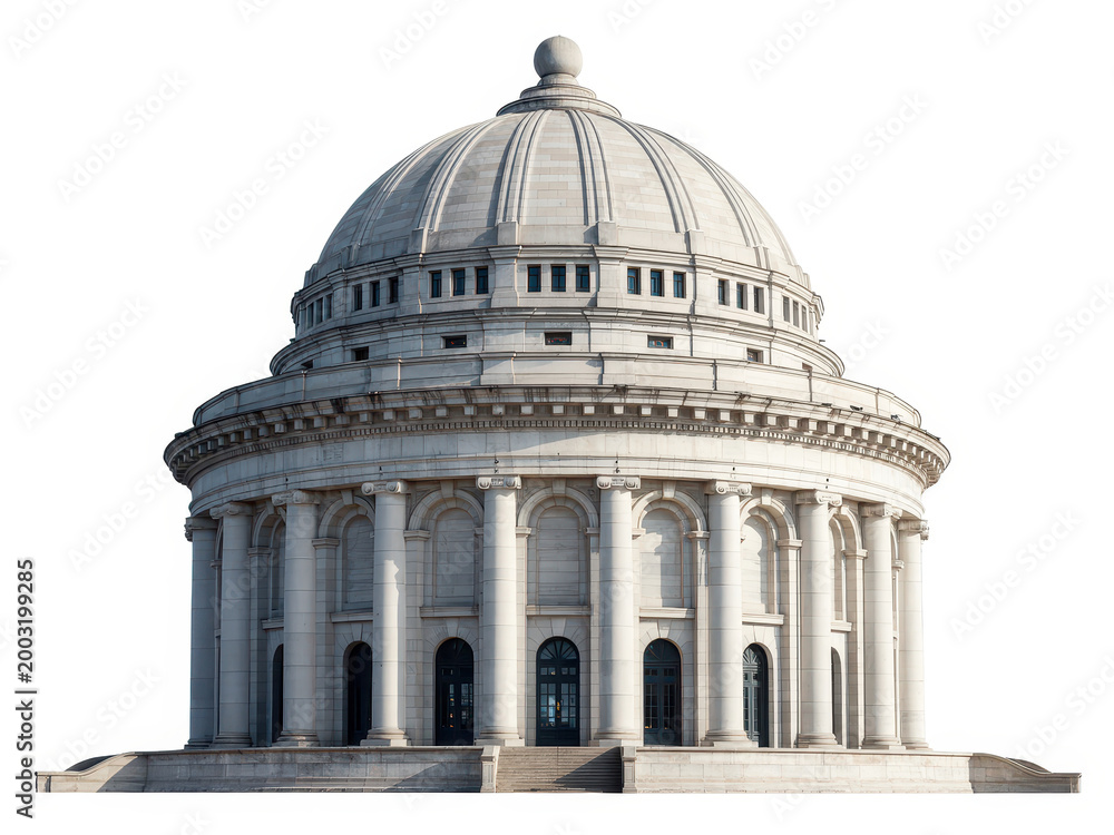 Obraz premium Neoclassical stone building with a large dome and columns isolated on a white background