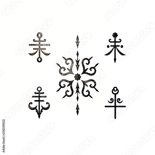 Decorative metal symbols in a symmetrical arrangement on a white background
