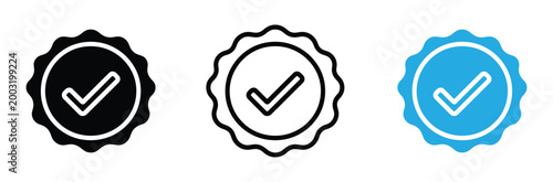 Photos Checkmark seal icons in black, White, And blue for approval and verification