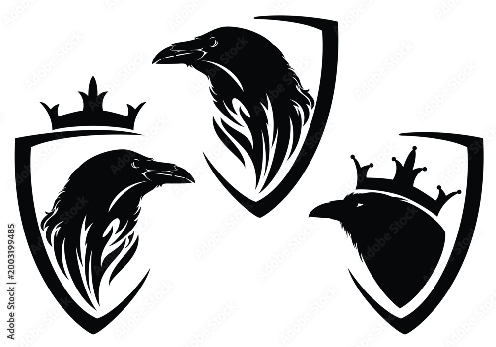 Fototapeta premium black raven bird profile head and heraldic shield decorated with royal crown black and white vector outline design set for fantasy king emblem