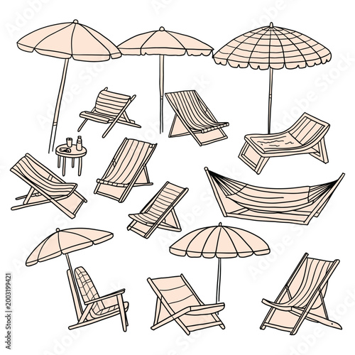 Beach lounge chair illustration, vector summer scene with sunbed on sandy shore near ocean waves, calm vacation lifestyle concept in simple modern style for tourism, postcards, and advertising design,