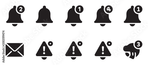 Bell notification icon set with numeric badges email and warning alert symbols in black flat style.
