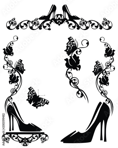 elegant high heels shoes with rose flowers decor forming floral border - black and white vector fashion footwear silhouette design set