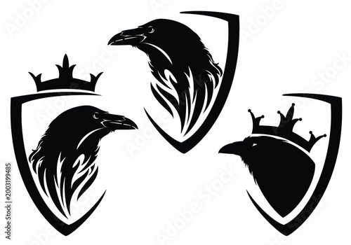 black raven bird profile head and heraldic shield decorated with royal crown black and white vector outline design set for fantasy king emblem