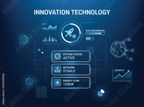 Blue digital HUD interface Innovation Technology with a rocket launch icon, data streaming progress, global networking, and system status panels for business growth