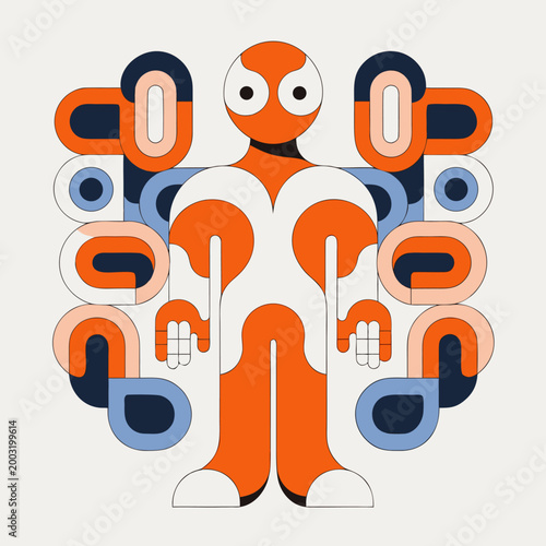 Illustration depicts human ai balance equilibrium scene with abstract shapes.