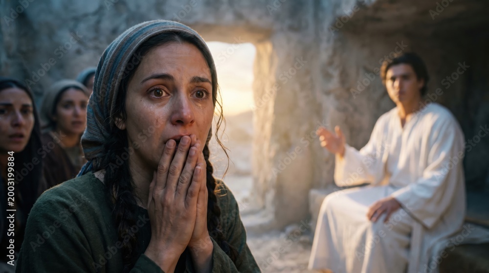 Obraz premium Woman Mary Magdalene crying with shock finding empty tomb of Jesus Christ. Biblical scene of resurrection morning. Followers encountering angelic news inside cave. Religious faith concept.