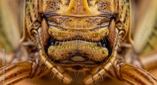 Extreme Macro Close-up of a Grasshoppers Face and Mandibles.