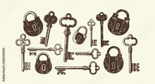 Vintage hand drawn padlocks and skeleton keys set. Antique door locks and metal keys illustration.