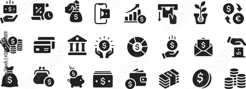Financial icons set investment banking growth and currency symbols