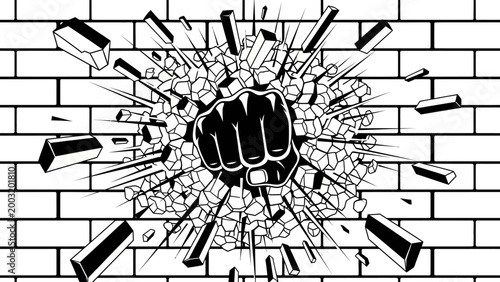 Fist breaks through brick wall, symbolizing strength, power, and overcoming obstacles.