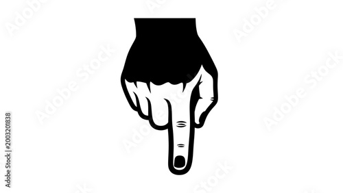 Black and white hand pointing down with index finger, isolated on white background.