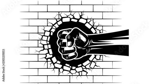 Fist breaking through brick wall, symbol of strength, power, and overcoming obstacles