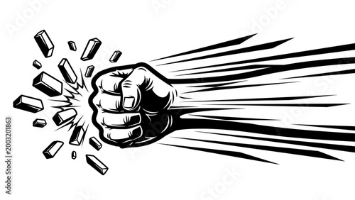 Fist Punch Breaking Through Wall, Comic Style, Action, Power, Impact