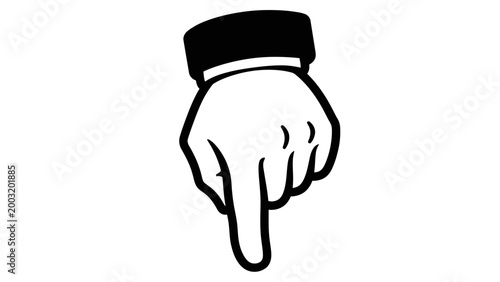 Hand pointing down, black and white illustration, index finger indicating direction, simple graphic design