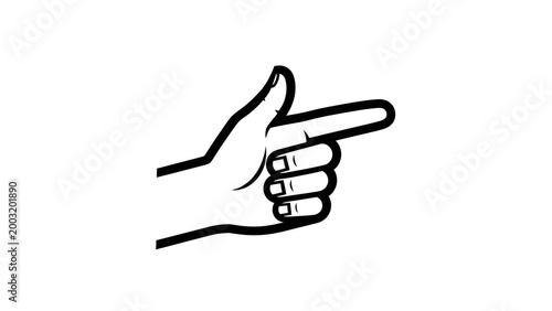 Hand pointing gesture, index finger extended, thumb up, black and white illustration, isolated on white background.