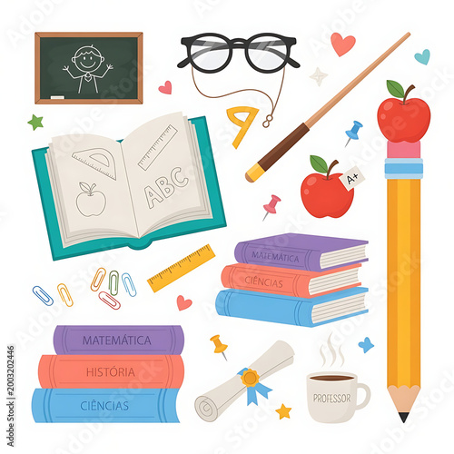 Collection of school objects, with an open book, apple and pencil. Capturing the essence of education, offering a wealth of illustrations for educational concepts.