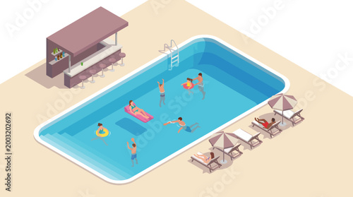A picturesque pool scene teeming with people enjoying summer activities, showcasing leisure, relaxation, and fun in a vibrant, colorful outdoor setting.