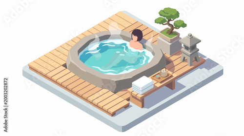 A peaceful hot spring surrounded by wooden decking and greenery, featuring a person soaking in soothing waters, emphasizing relaxation and rejuvenation in nature.
