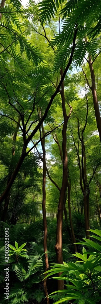 Fototapeta premium Forest canopy teeming with life and vibrant green foliage, woodland, wildlife habitat