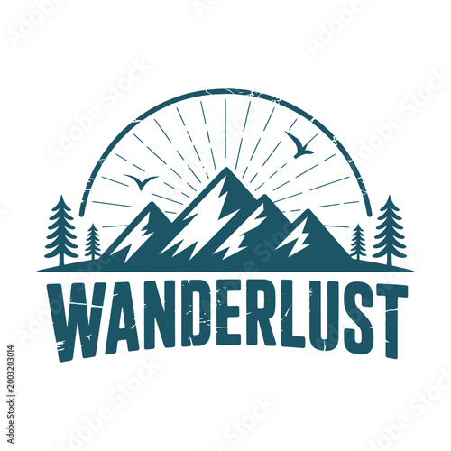 wanderlust logo with mountains trees and sunburst design
