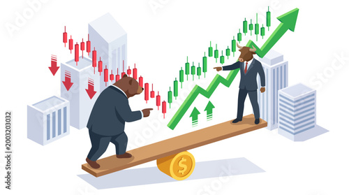 The image contrasts a bear and bull market graph, illustrating the dynamics of finance, investment decisions, and market trends within a business context.