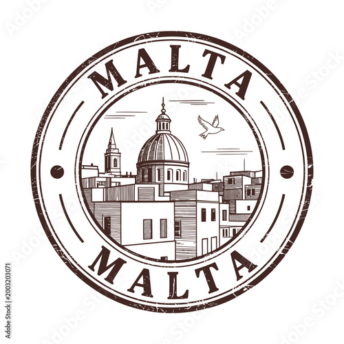 malta stamp with cityscape and dome illustration