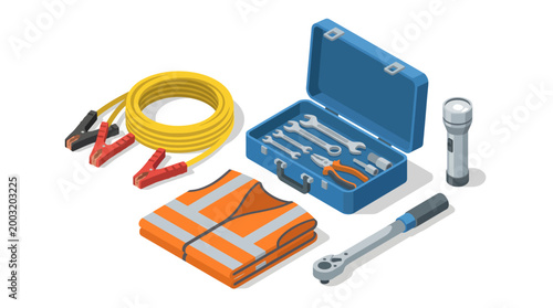 A detailed isometric illustration featuring a collection of essential tools, including wrenches, jumper cables, and a safety vest, ideal for DIY enthusiasts and builders.