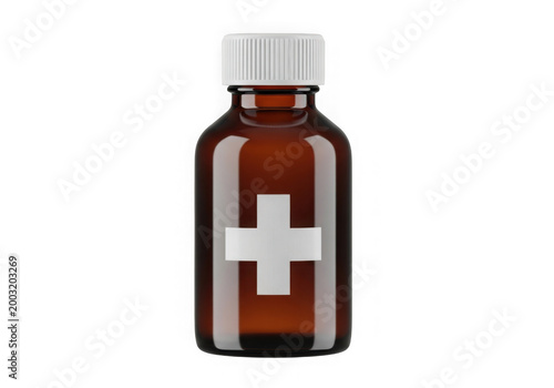 Small brown bottle with white cross symbol and cap isolated on transparent background