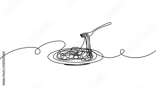 Continuous one line food spaghetti pasta drawing noodle ramen bowl. Spaghetti pasta illustration cuisine plate macaroni outline sketch dish table linch cooked graphic italian fork background abstract