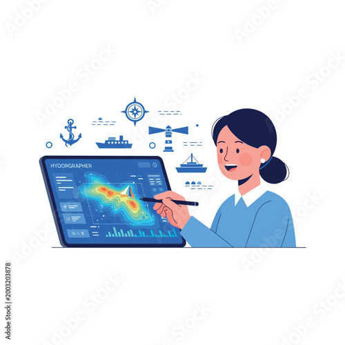Obraz na plátně Cartographer analyzes hydrography data on digital tablet with stylus in office