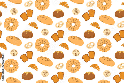 Seamless bakery pattern with assorted bread baguette croissant buns and pastries repeat design