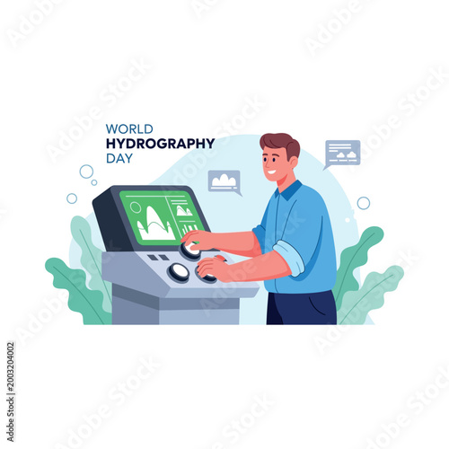 Canvas Print Man operates hydrography equipment on World Hydrography Day with digital display