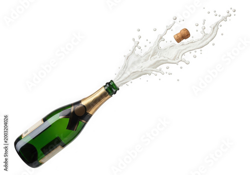 Champagne bottle popping cork with bubbly spray isolated on transparent background