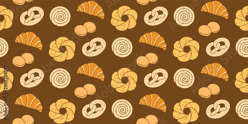 Seamless pastry pattern with croissant cookies and sweet bakery assortment repeat design for food packaging kitchen textile and cafe branding