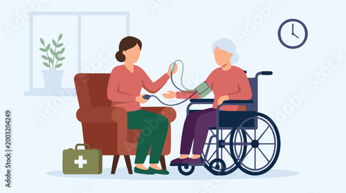 Home healthcare: Caregiver taking blood pressure of elderly woman in wheelchair