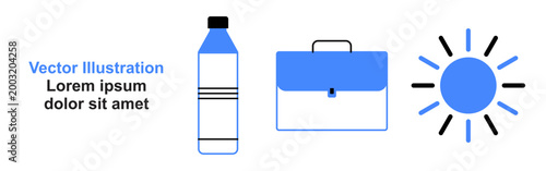 Dehydration Concept with Water Bottle, Office Bag, and Sun, Symbolizing Heat Stroke, Fatigue, and Low Productivity During Summer Heat.