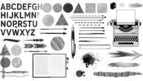 Vintage Typewriter Illustration with Grungy Graphic Design Assets, Ink Splats, Alphabet Stencils, and Minimalist Arrow Elements