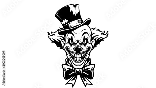 Scary Clown with Top Hat and Bow Tie, Evil Grin, Horror Character