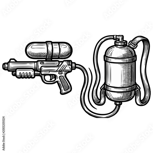 Photos Detailed sketch of a vintage ray gun weapon with a connected backpack style powe