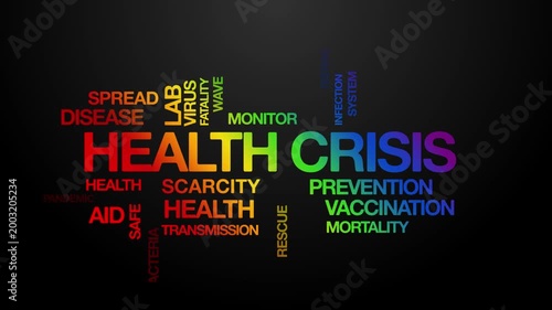 Health crisis concept Animated Tag Word Cloud kinetic typography, Text Design Animation typography seamless loop video motion graphics Intro Wordart arrangement rainbow type on black background