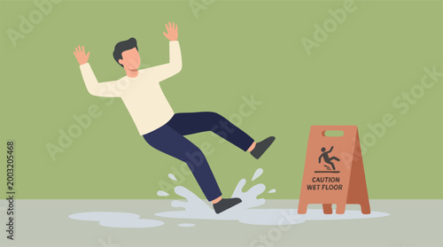 фотографія Man slipping on wet floor near caution sign, an accident illustration
