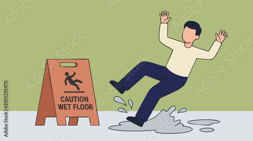 Man slipping on wet floor near caution sign, accident and safety concept